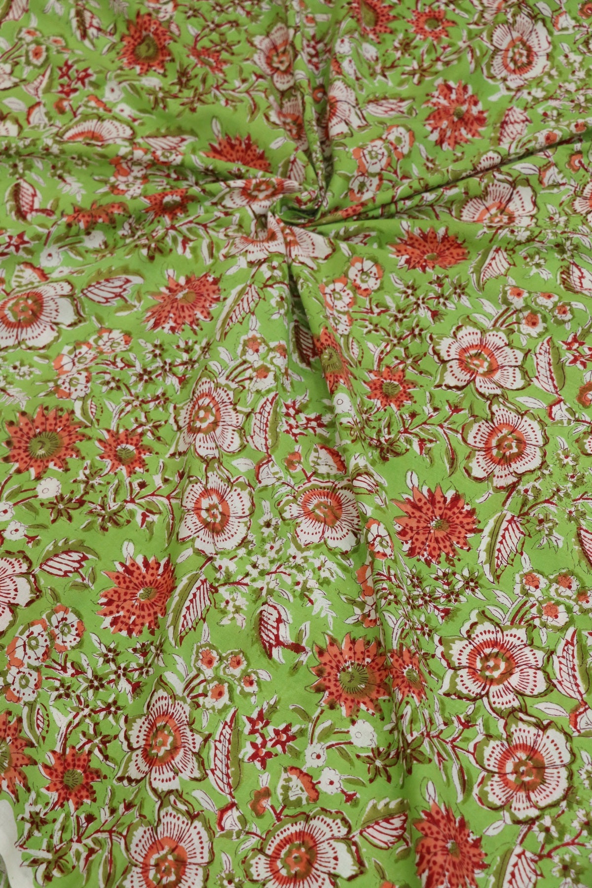 Leaf Green With Red & White Floral Printed Jaipur Cotton Fabric