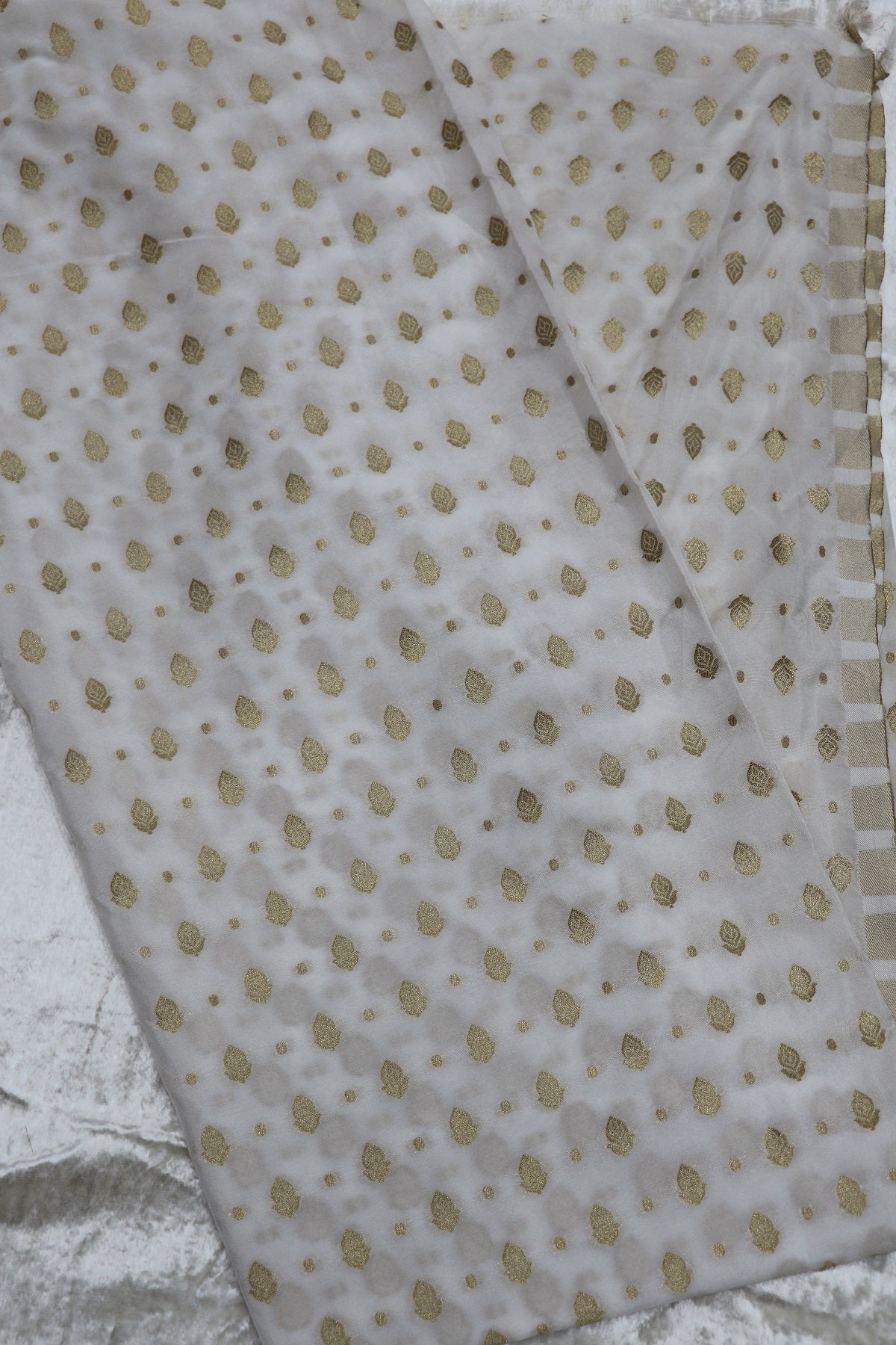 Semi Banaras Katan Silk Golden Zari Butties Woven White Dyeable Fabric