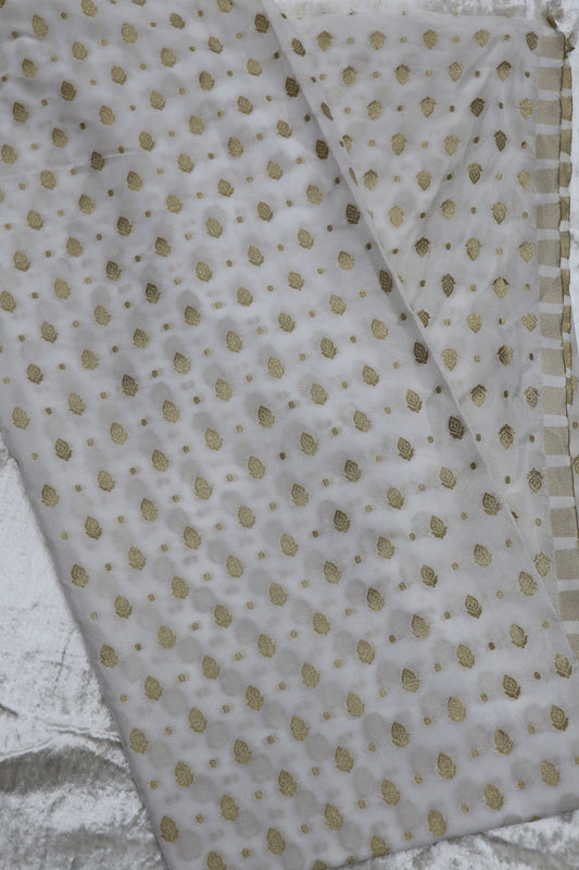 Semi Banaras Katan Silk Golden Zari Butties Woven White Dyeable Fabric