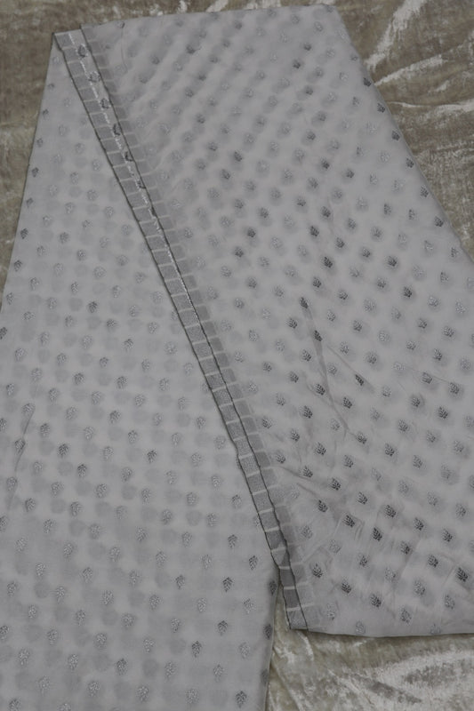 Semi Katan Silk Silver Zari Butties Woven White Dyeable Fabric