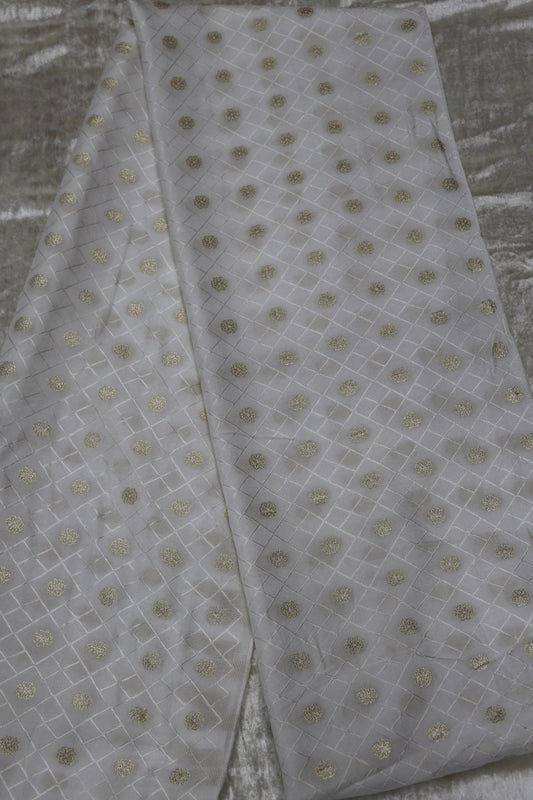 Russian Silk Self Jacquard Woven & Gold Butties White Dyeable Fabric