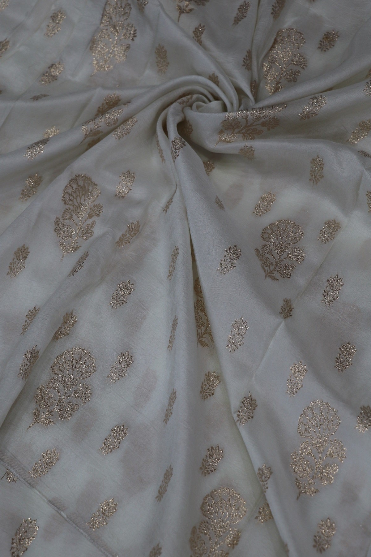 Dola Silk Gold Floral Bouquet & Butties Woven White Dyeable Fabric