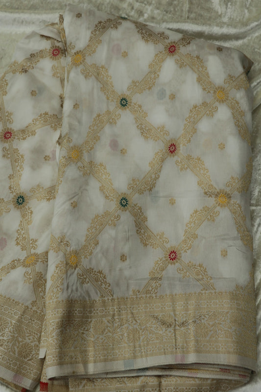 Russian Silk Cross Woven Floral Jaal With Meenakari White Dyeable Fabric