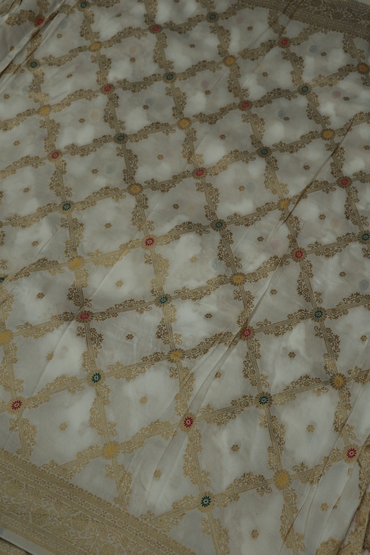 Russian Silk Cross Woven Floral Jaal With Meenakari White Dyeable Fabric