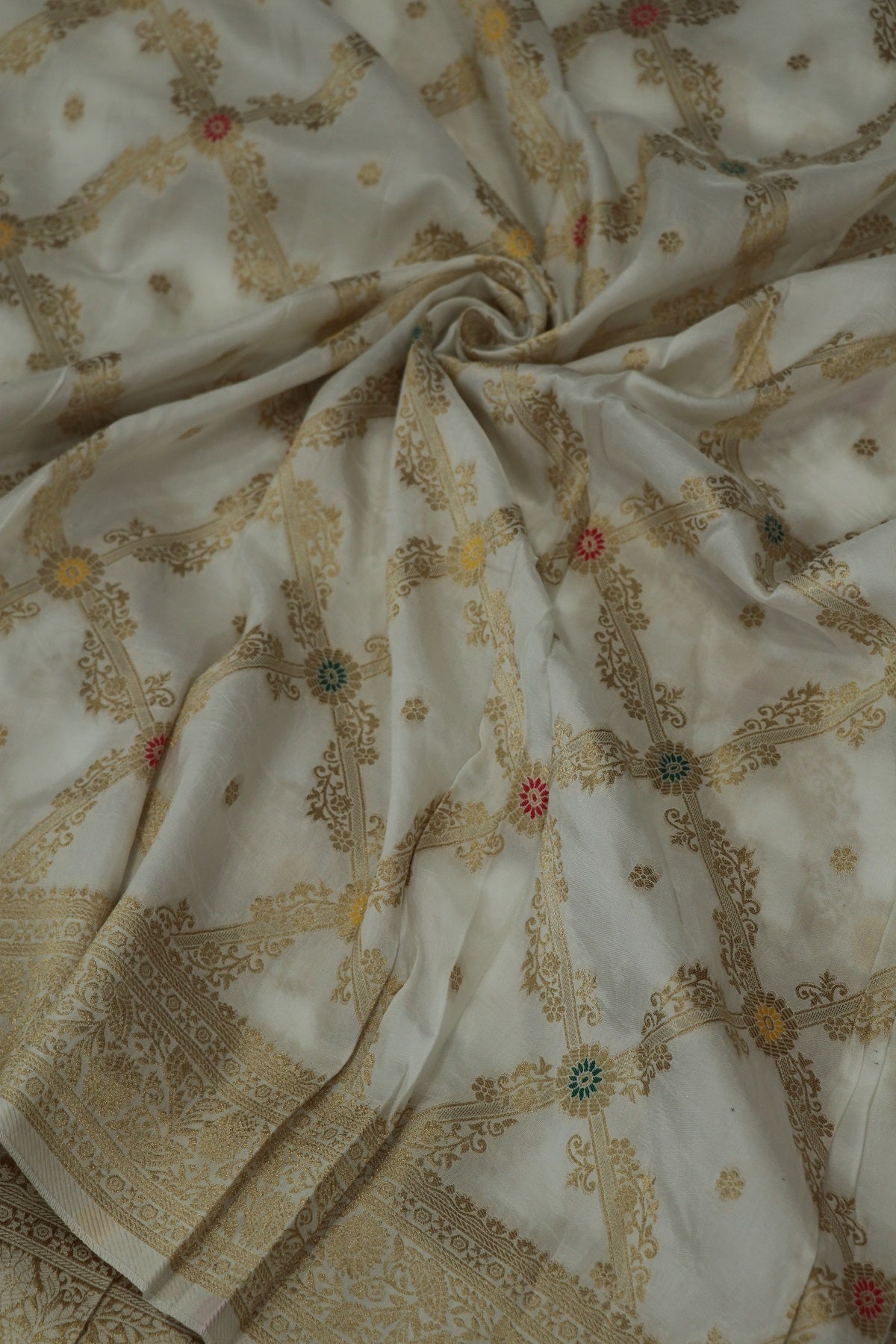 Russian Silk Cross Woven Floral Jaal With Meenakari White Dyeable Fabric