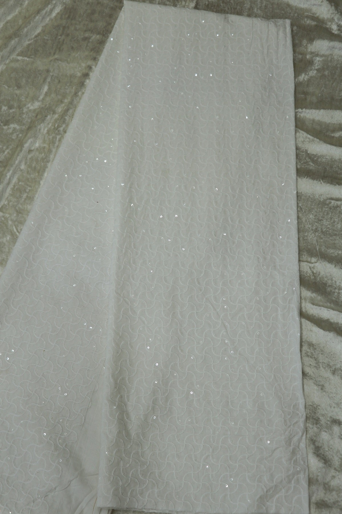 Cotton Geometrical pattern Highlighted With Water Sequins White Dyeable Fabric