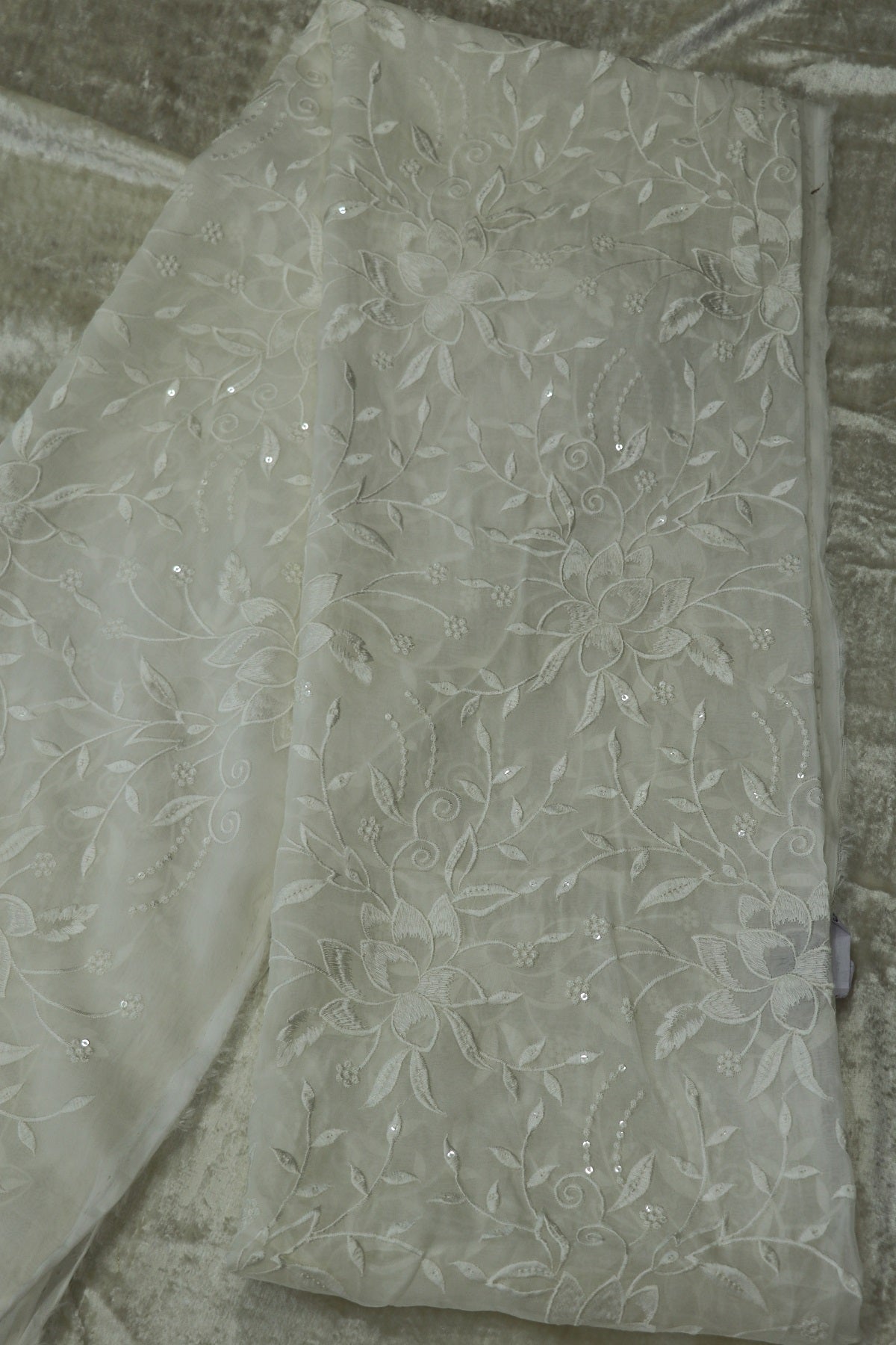 Silky Organza Thread & Sequins Embroidered White Dyeable Fabric