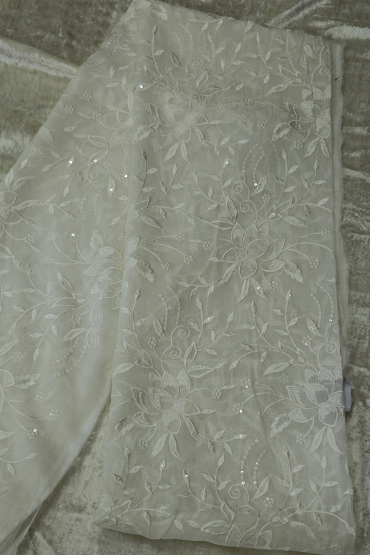 Silky Organza Thread & Sequins Embroidered White Dyeable Fabric