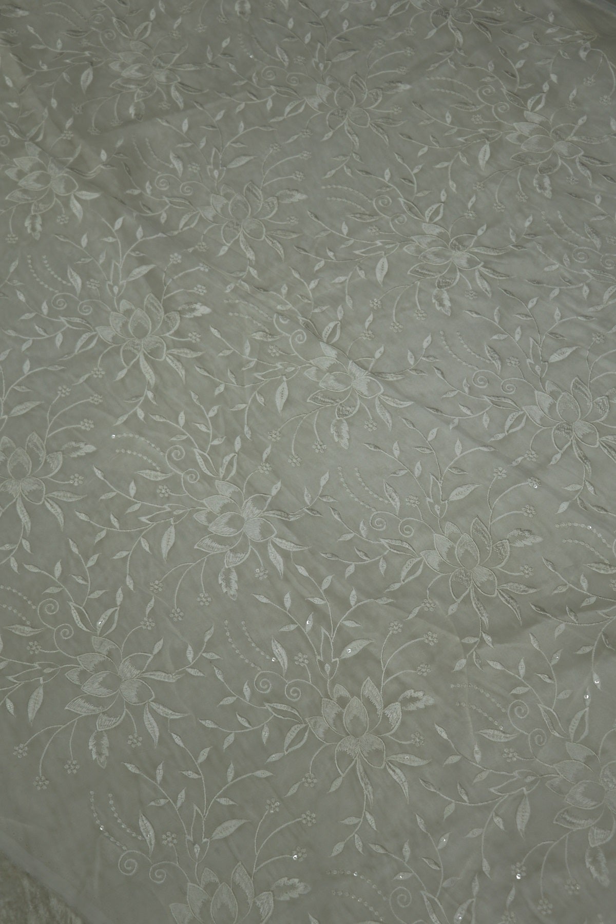 Silky Organza Thread & Sequins Embroidered White Dyeable Fabric