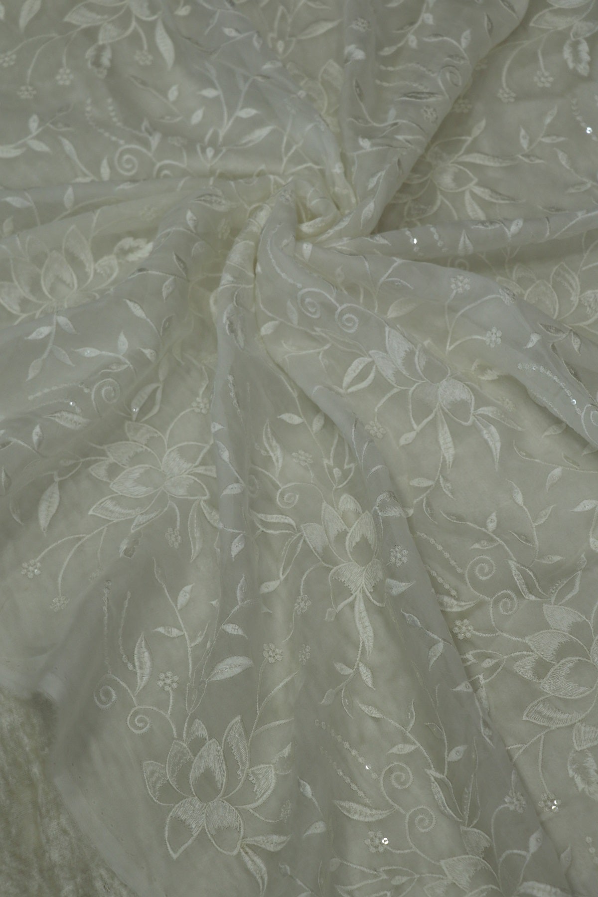 Silky Organza Thread & Sequins Embroidered White Dyeable Fabric