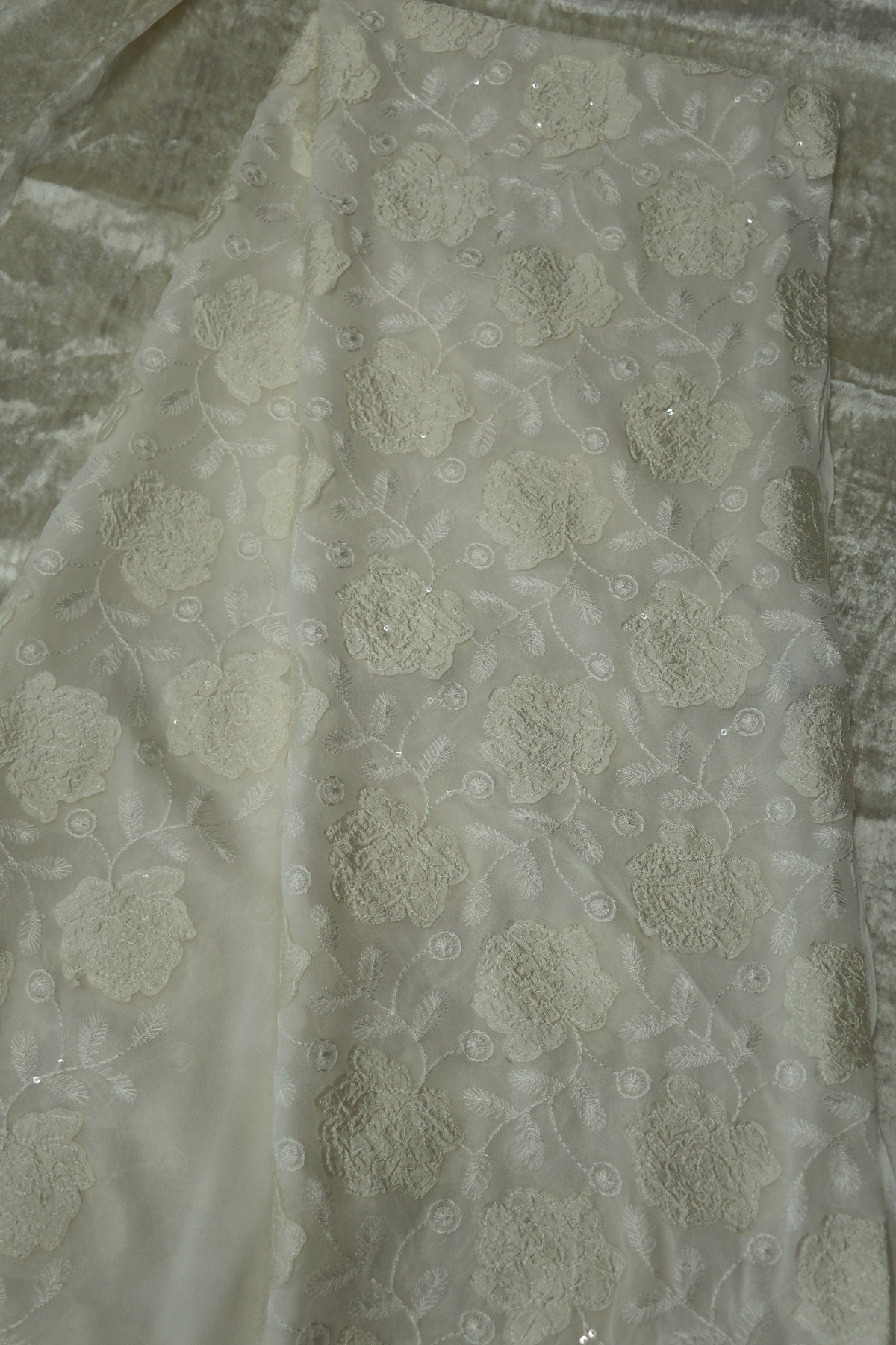 Applique Worked Georgette White Dyeable Fabric Highlighted With Sequins