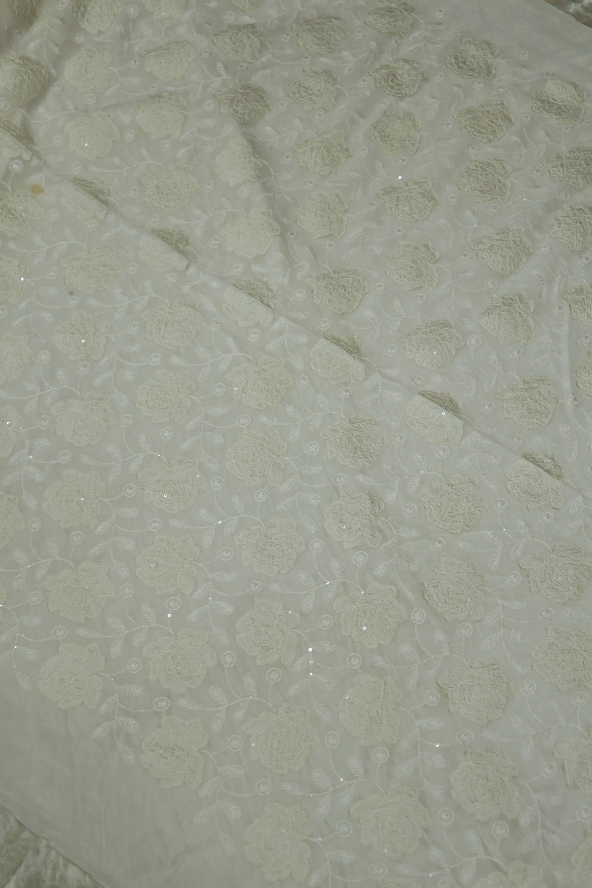 Applique Worked Georgette White Dyeable Fabric Highlighted With Sequins