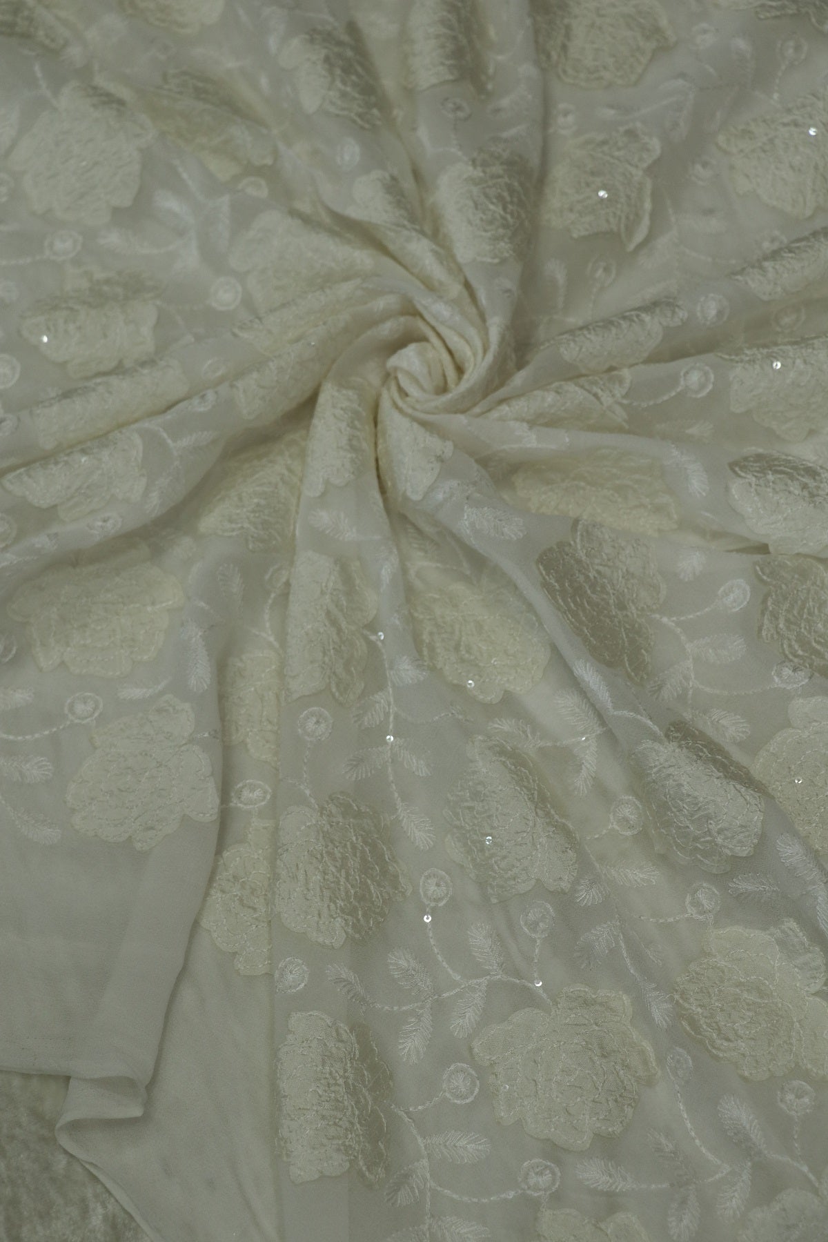 Applique Worked Georgette White Dyeable Fabric Highlighted With Sequins