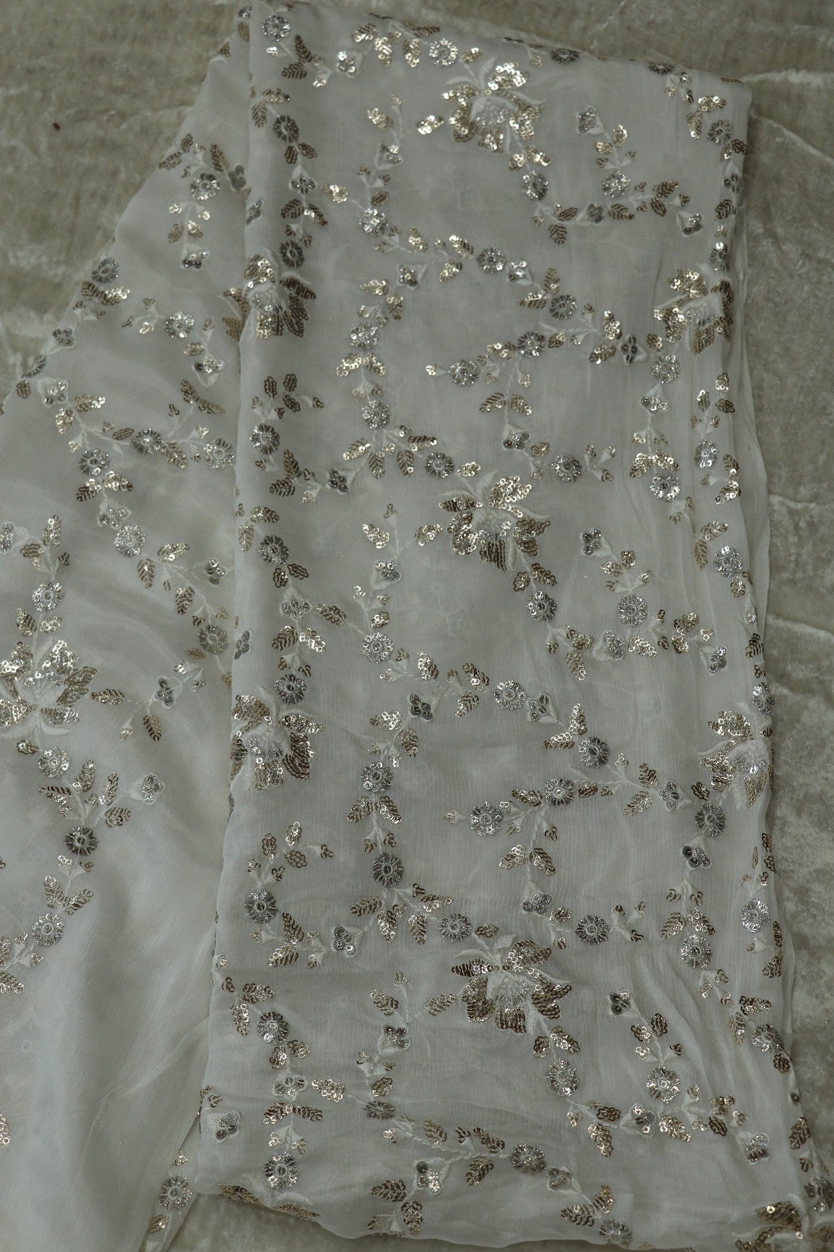Chinon All over Floral Sequins Worked White Dyeable Fabric