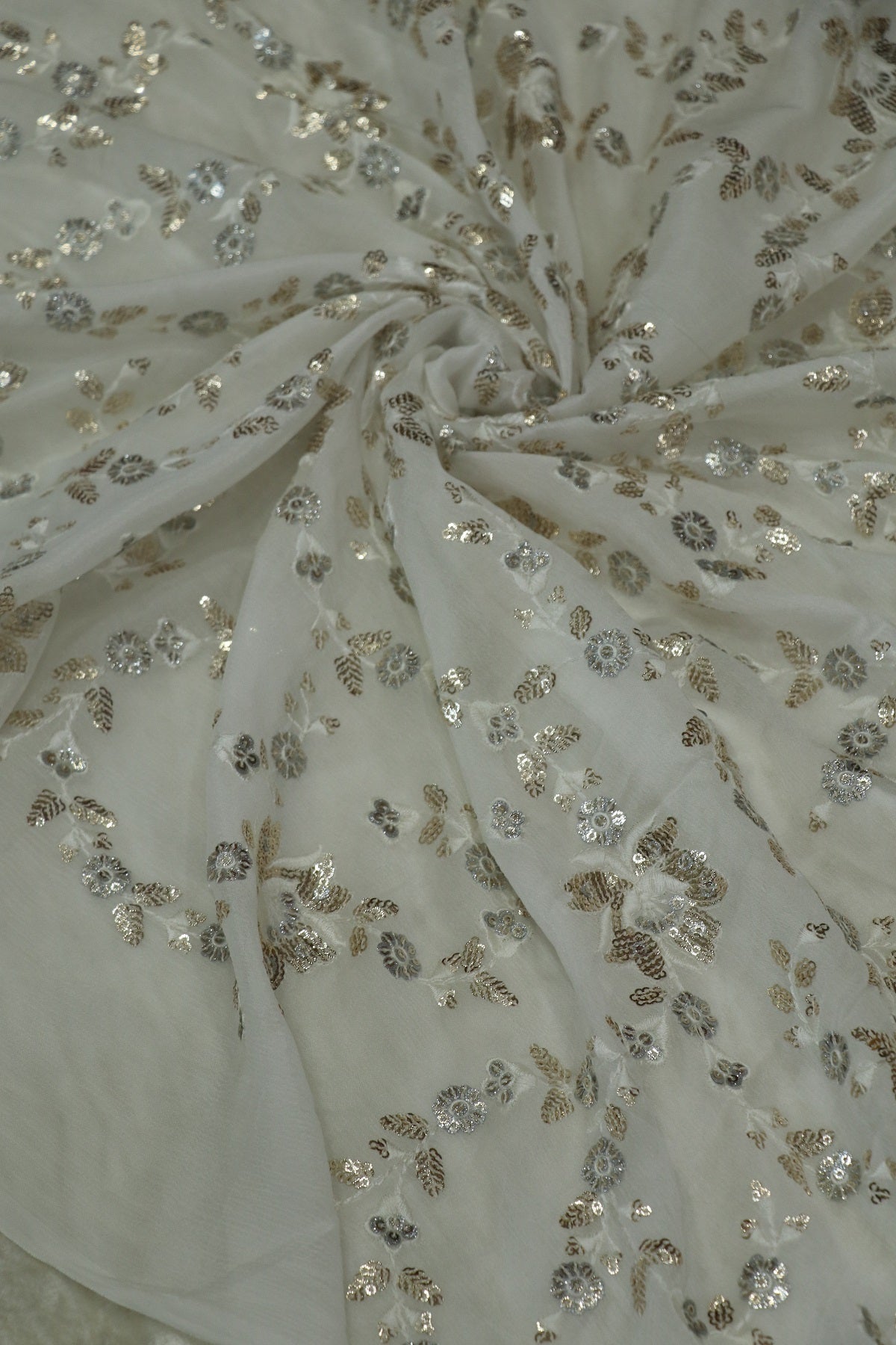 Chinon All over Floral Sequins Worked White Dyeable Fabric