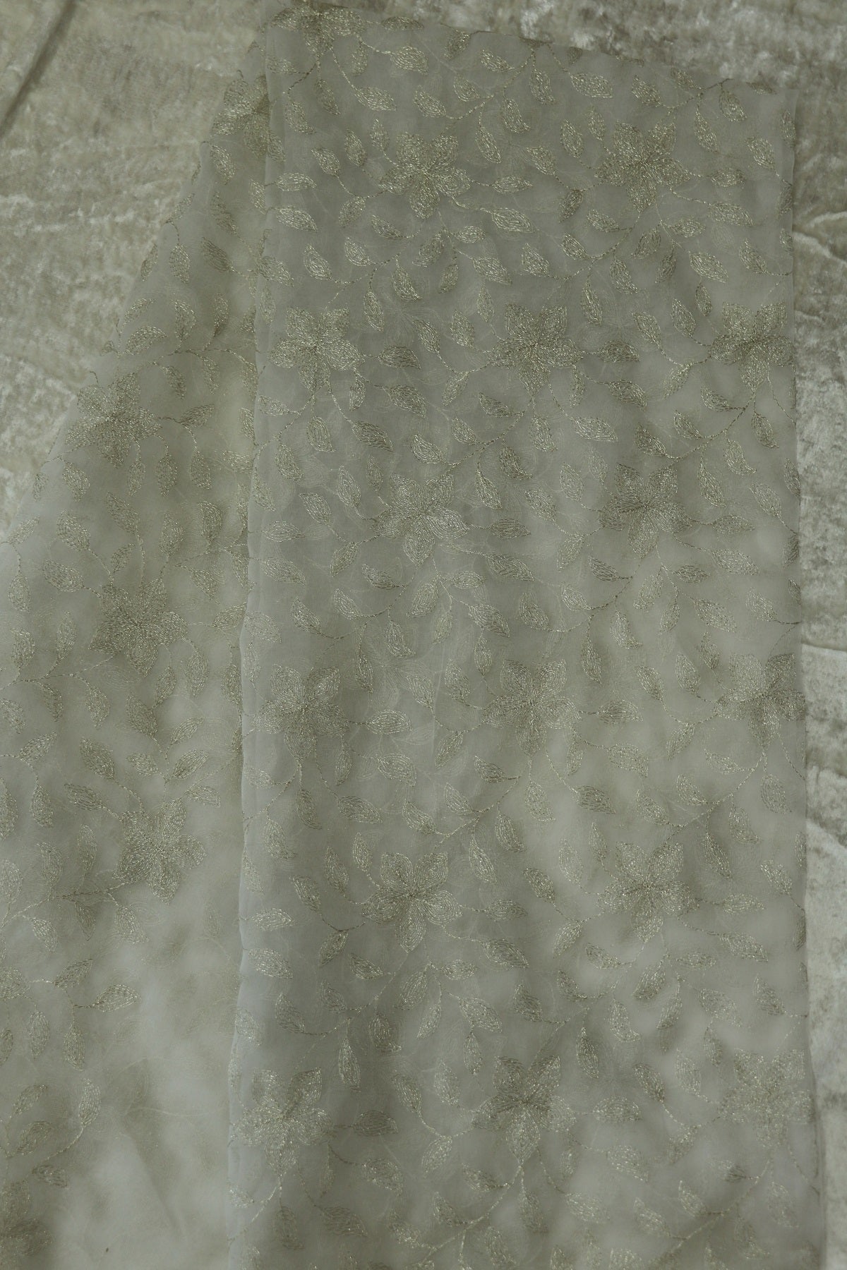 Jaal Design Light Gold Zari Thread Embroidered Organza Dyeable Fabric