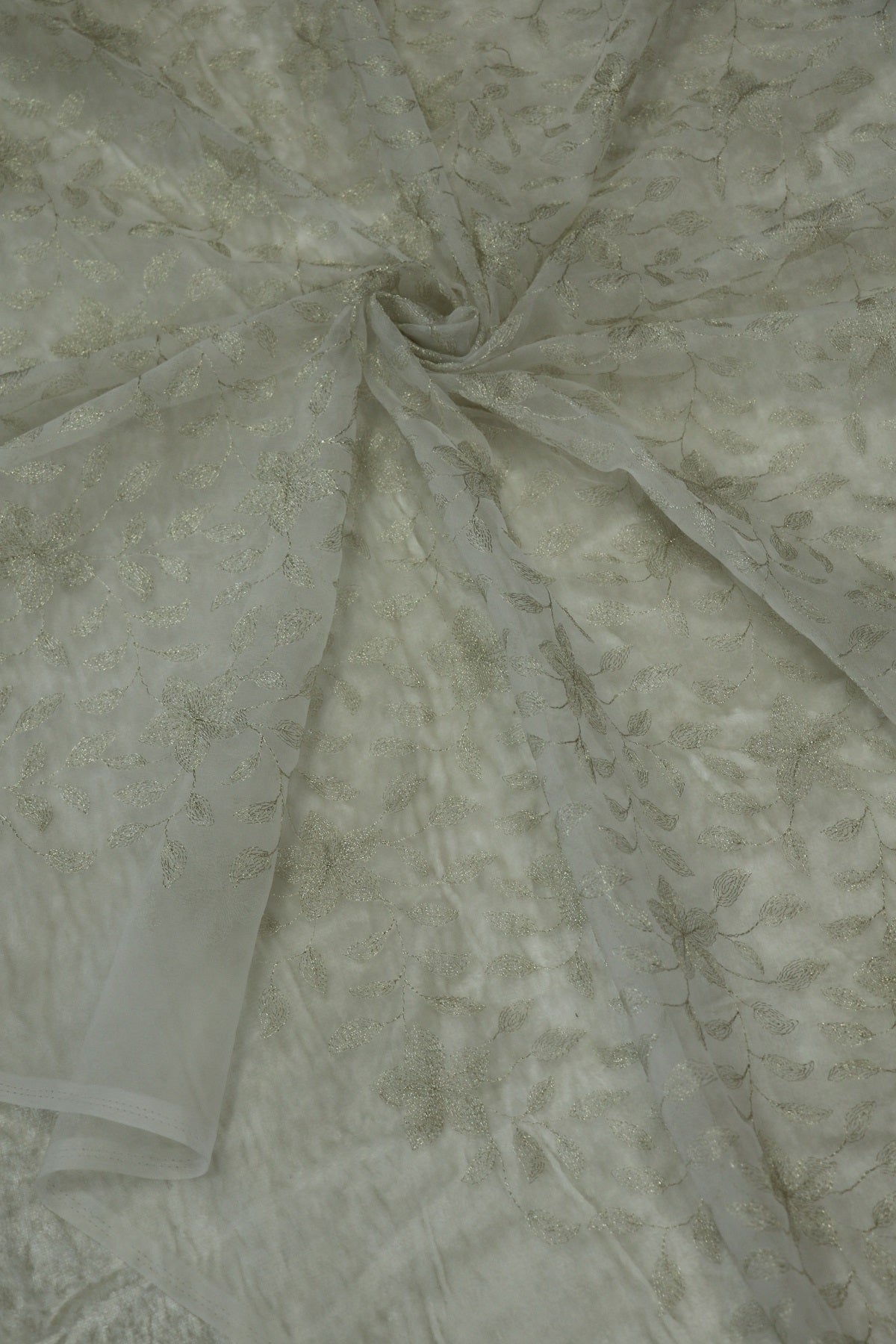 Jaal Design Light Gold Zari Thread Embroidered Organza Dyeable Fabric