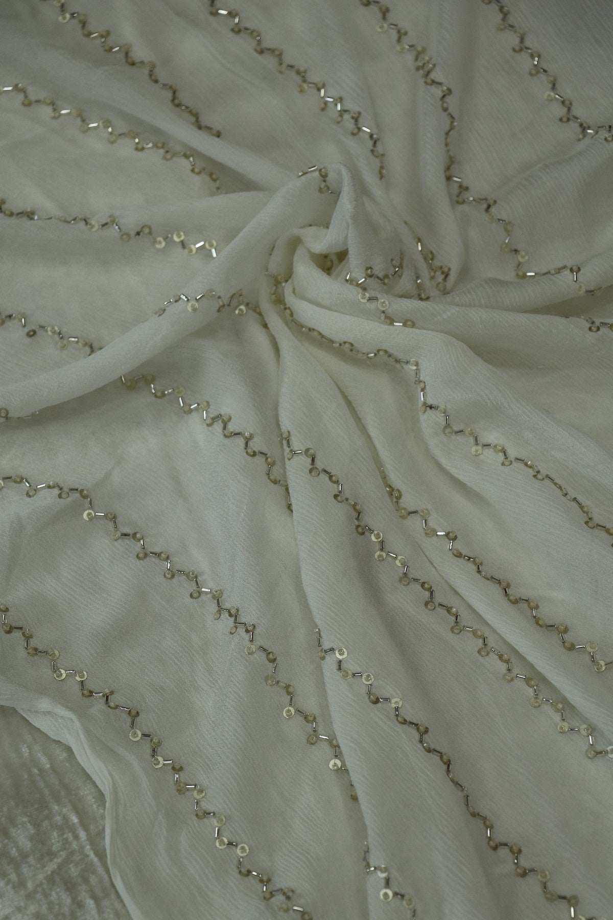 Chinon Silver Beads & Sequins Horizontal Worked White Dyeable Fabric