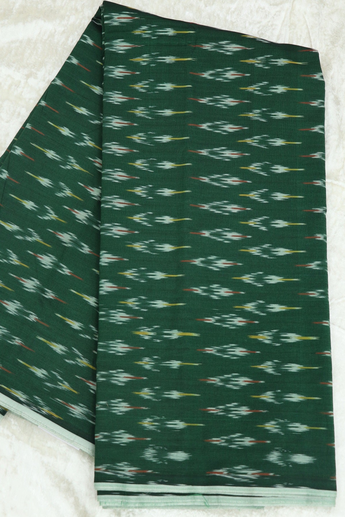 Emerald Green Mercerised Ikkat With Yellow,Red & White Woven Designed Fabric