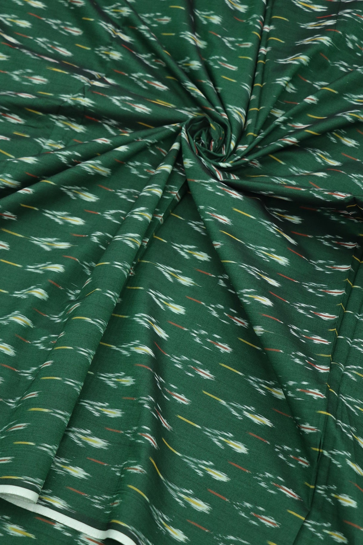 Emerald Green Mercerised Ikkat With Yellow,Red & White Woven Designed Fabric