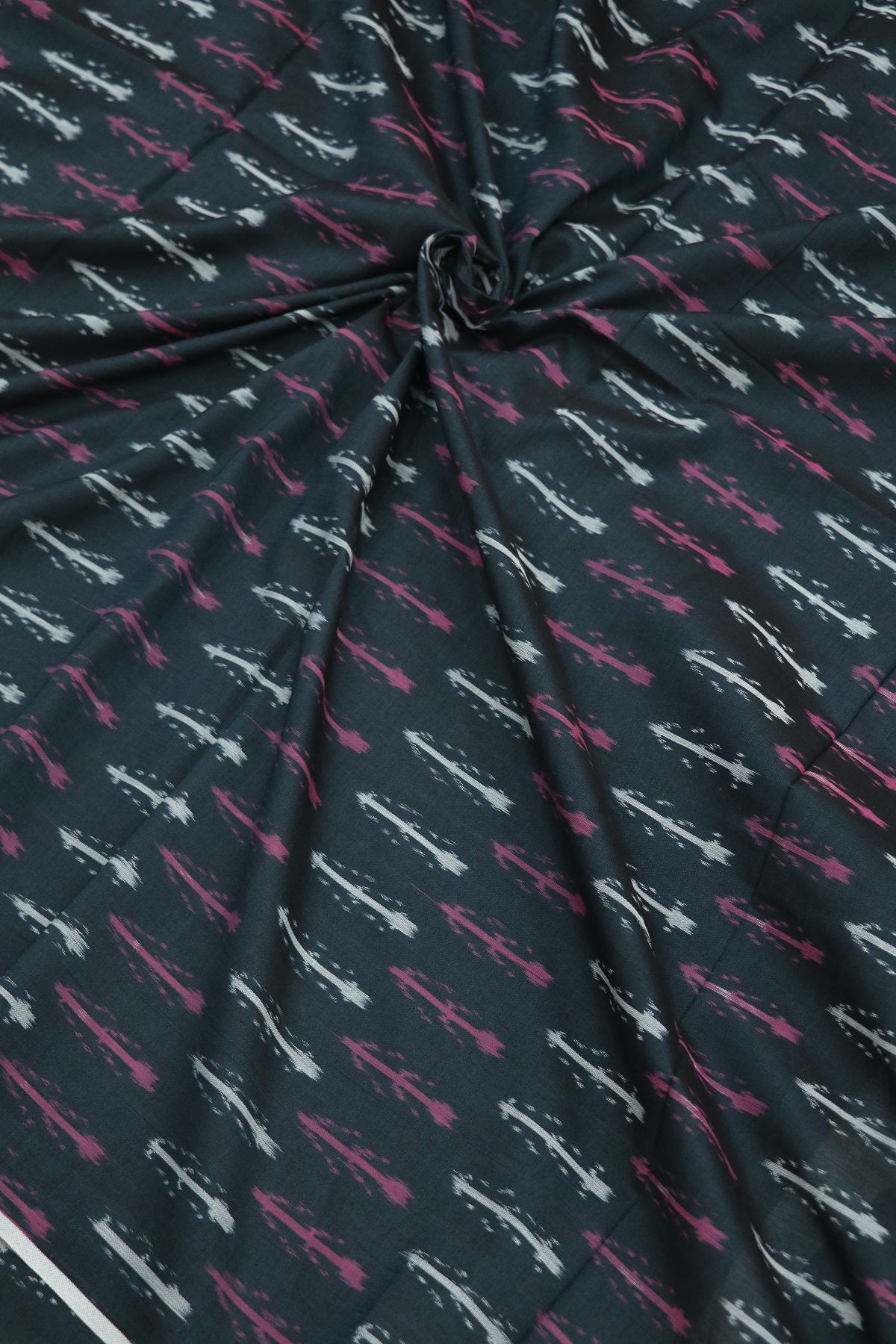 Black Blue Mercerised Ikkat With Pink & White Woven Designed Fabric