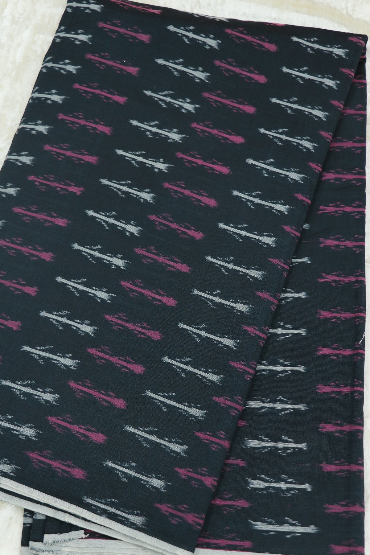 Black Blue Mercerised Ikkat With Pink & White Woven Designed Fabric