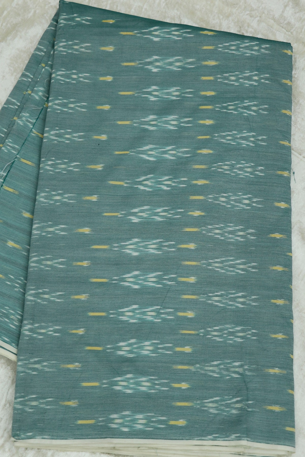 Dusty Sea Green Mercerised Ikkat With Yellow & White Woven Designed Fabric