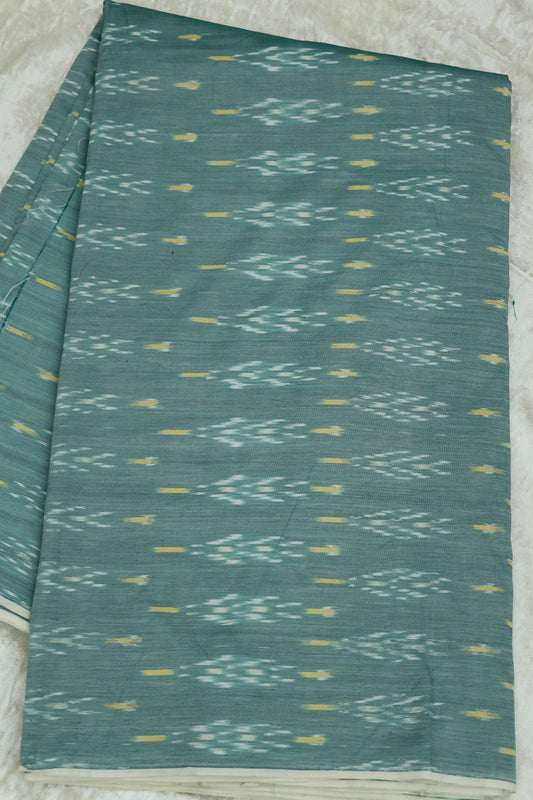 Dusty Sea Green Mercerised Ikkat With Yellow & White Woven Designed Fabric