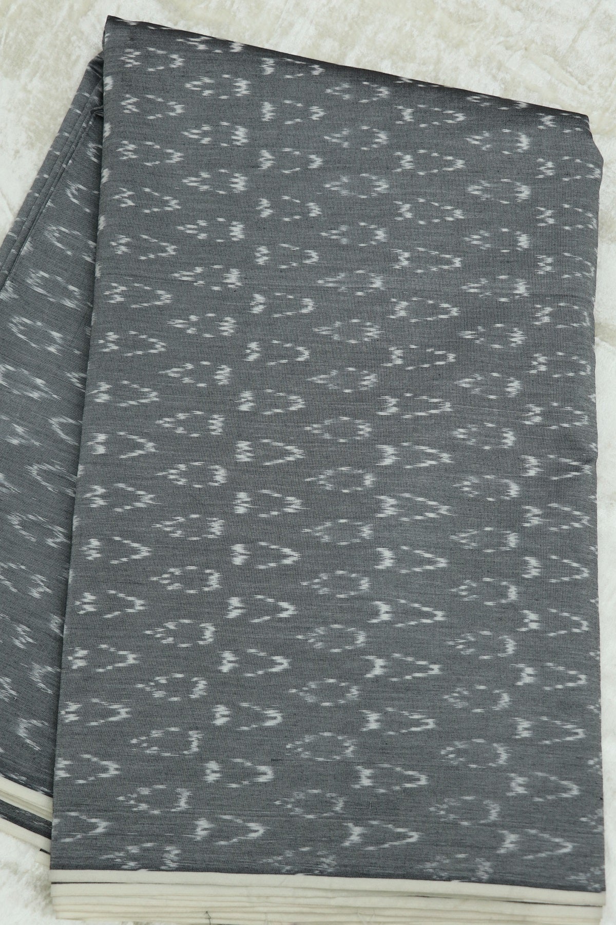 Steel Grey Mercerised Ikkat With White Woven Designed Fabric