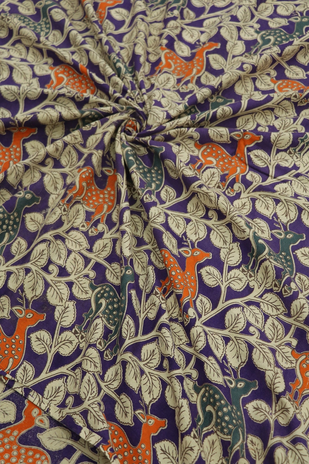 Purple Cotton Kalamkari Fabric With Deers & Floral Prints In Hues Of Orange,Grey & Offwhite