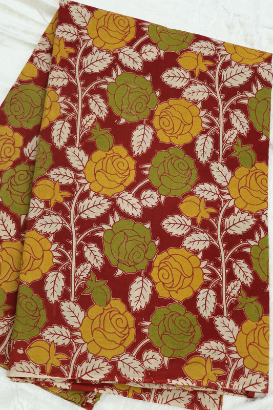 Deep Red Cotton Kalamkari Printed Fabric Roses Floral Pattern In Hues Of  Mehandi Green & Yellows