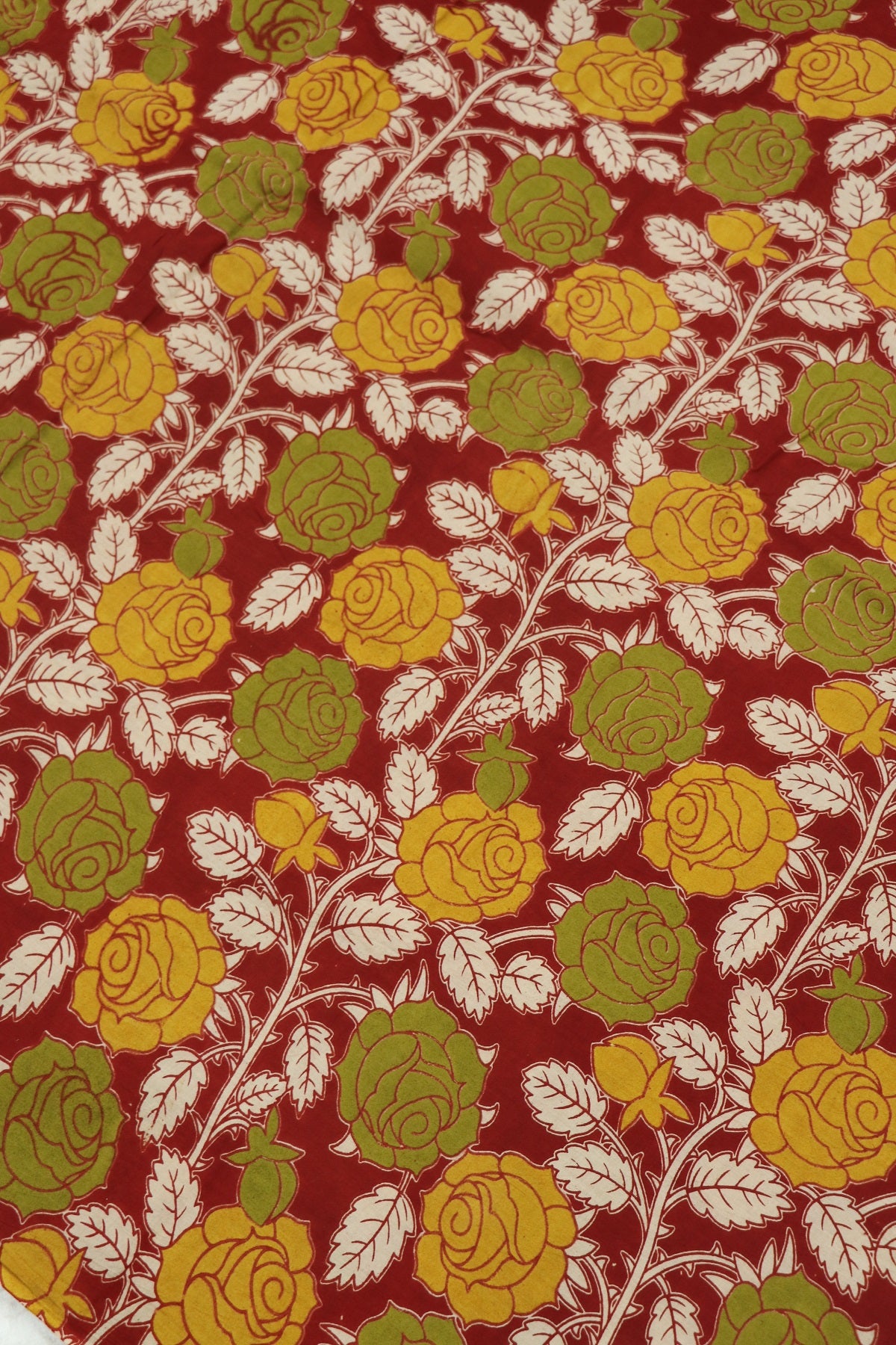 Deep Red Cotton Kalamkari Printed Fabric Roses Floral Pattern In Hues Of  Mehandi Green & Yellows