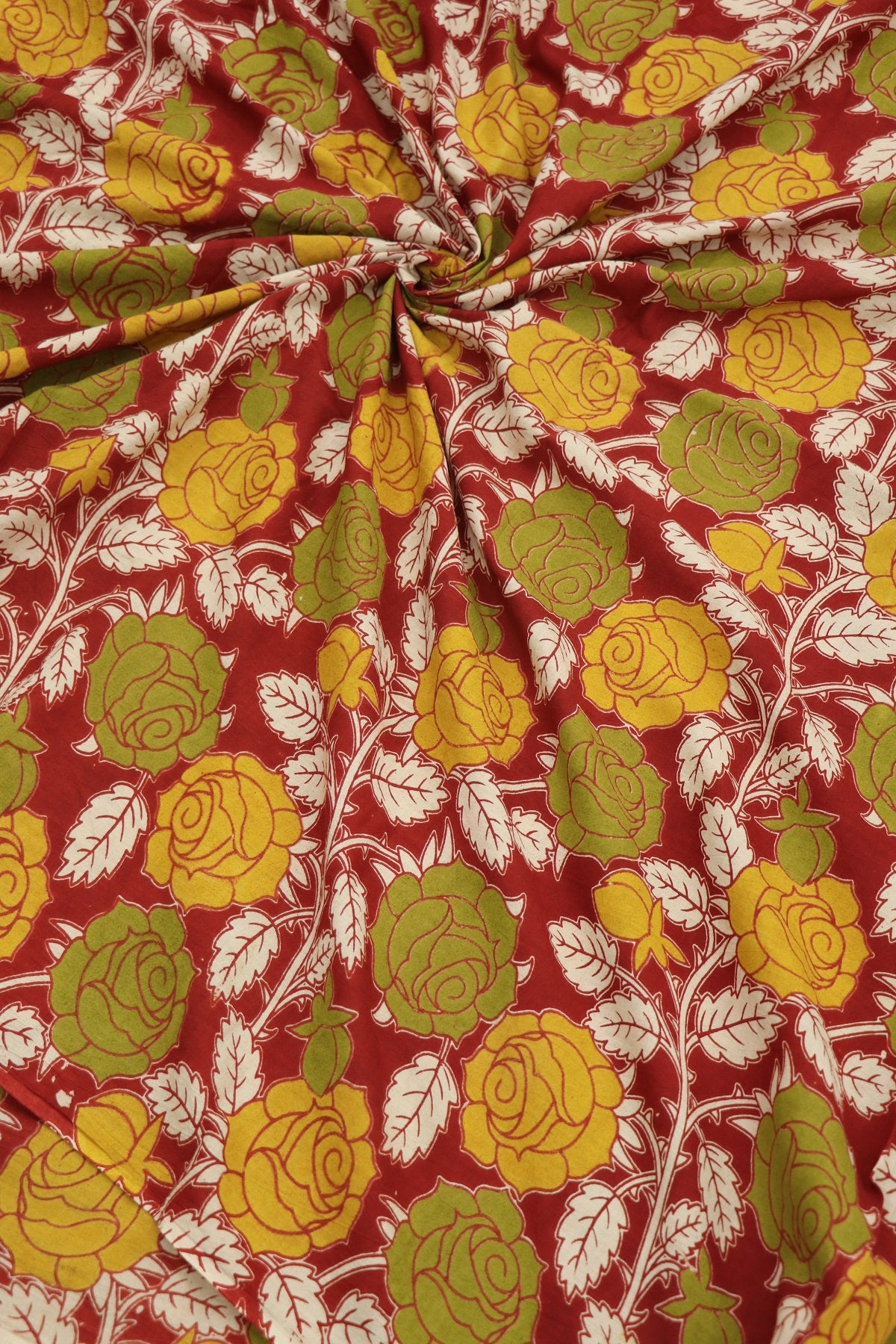 Deep Red Cotton Kalamkari Printed Fabric Roses Floral Pattern In Hues Of  Mehandi Green & Yellows