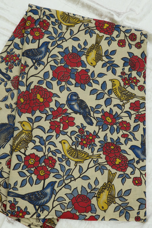 Ivory Cream Cotton Kalamkari Printed Fabric Birds Floral Pattern With Hues Of Blue,Pink & Yellows