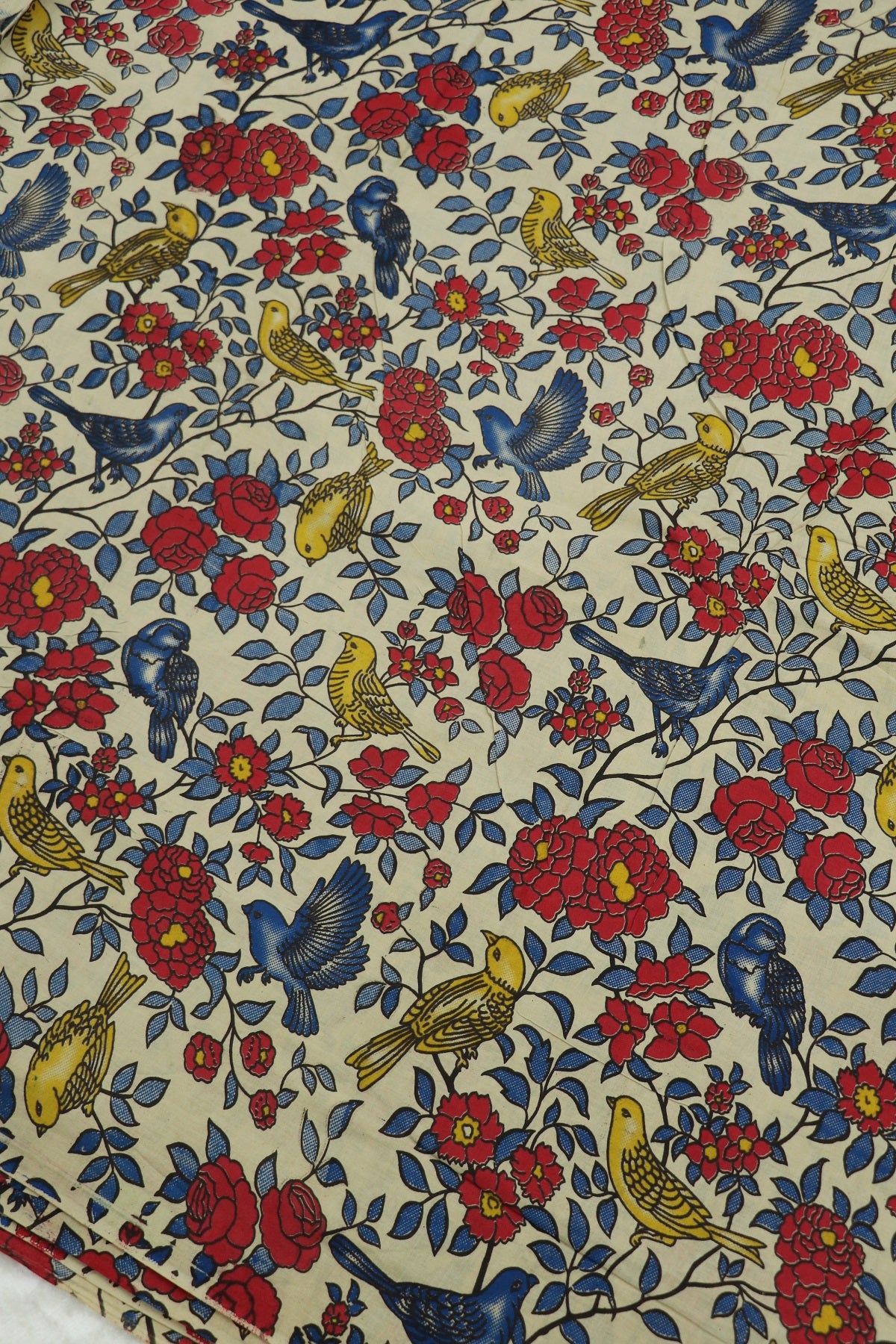 Ivory Cream Cotton Kalamkari Printed Fabric Birds Floral Pattern With Hues Of Blue,Pink & Yellows