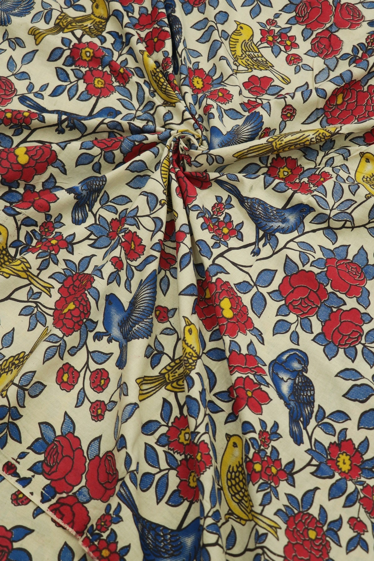 Ivory Cream Cotton Kalamkari Printed Fabric Birds Floral Pattern With Hues Of Blue,Pink & Yellows