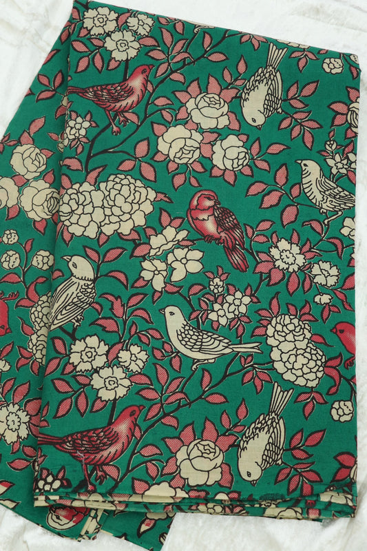 Deep Seagreen Cotton Kalamkari Printed Fabric Birds Floral Pattern With Hues Of Red & Offwhite