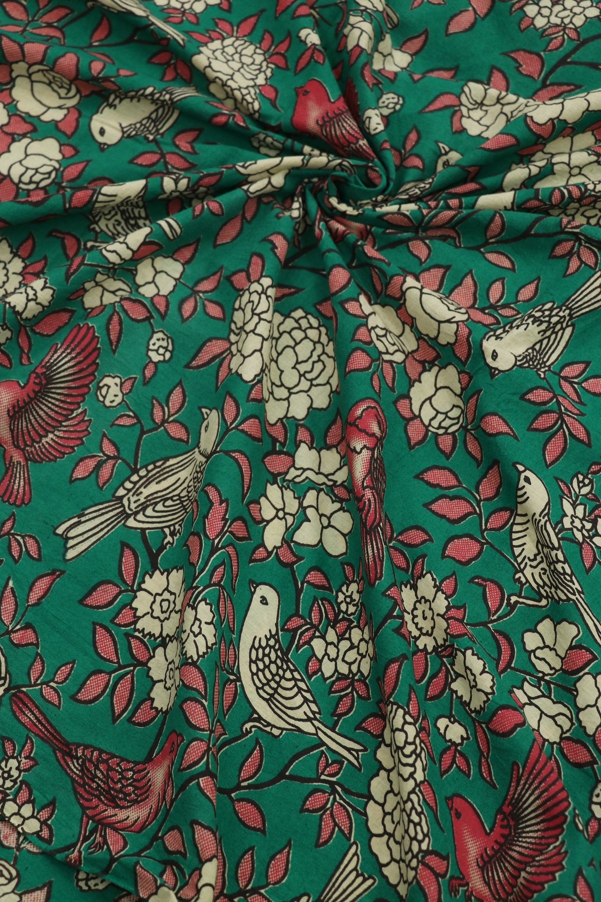 Deep Seagreen Cotton Kalamkari Printed Fabric Birds Floral Pattern With Hues Of Red & Offwhite
