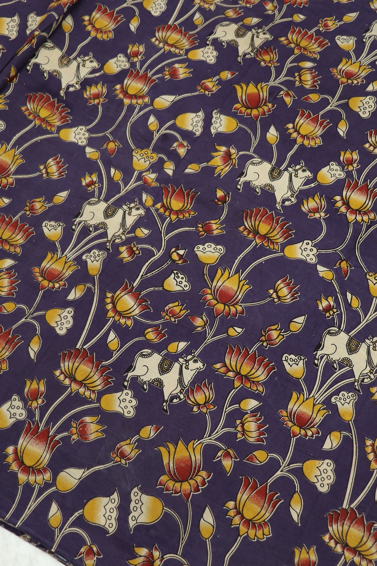 Dark Slate Blue Purple Pichwai Cotton Kalmkari Floral Fabric With Hues In Reds,Yellows & Offwhite