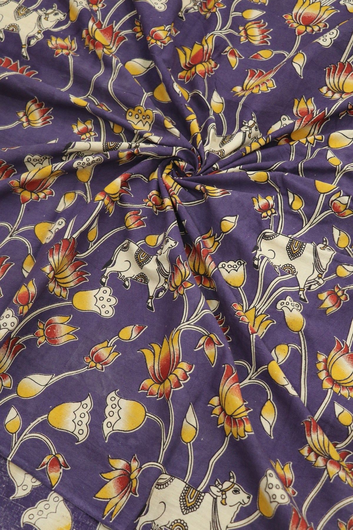 Dark Slate Blue Purple Pichwai Cotton Kalmkari Floral Fabric With Hues In Reds,Yellows & Offwhite