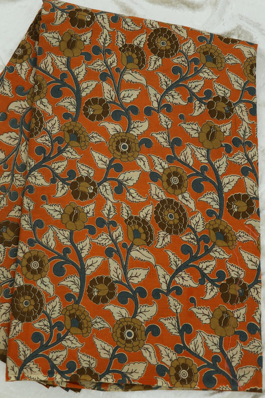 Light Orange Cotton Kalamkari Printed Floral Fabric With Hues Of Blue,browns & Offwhite