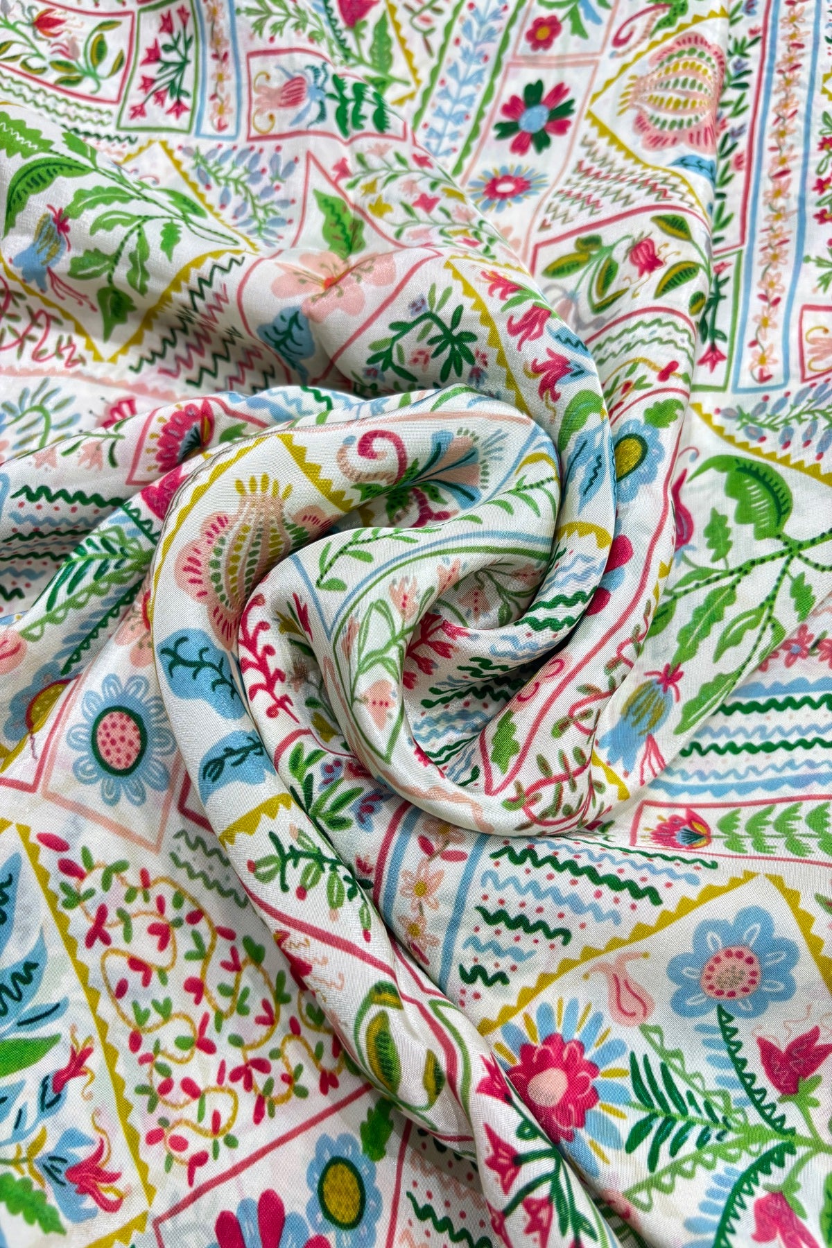 Off White Geometrical Blocked Floral Printed Crepe Fabric