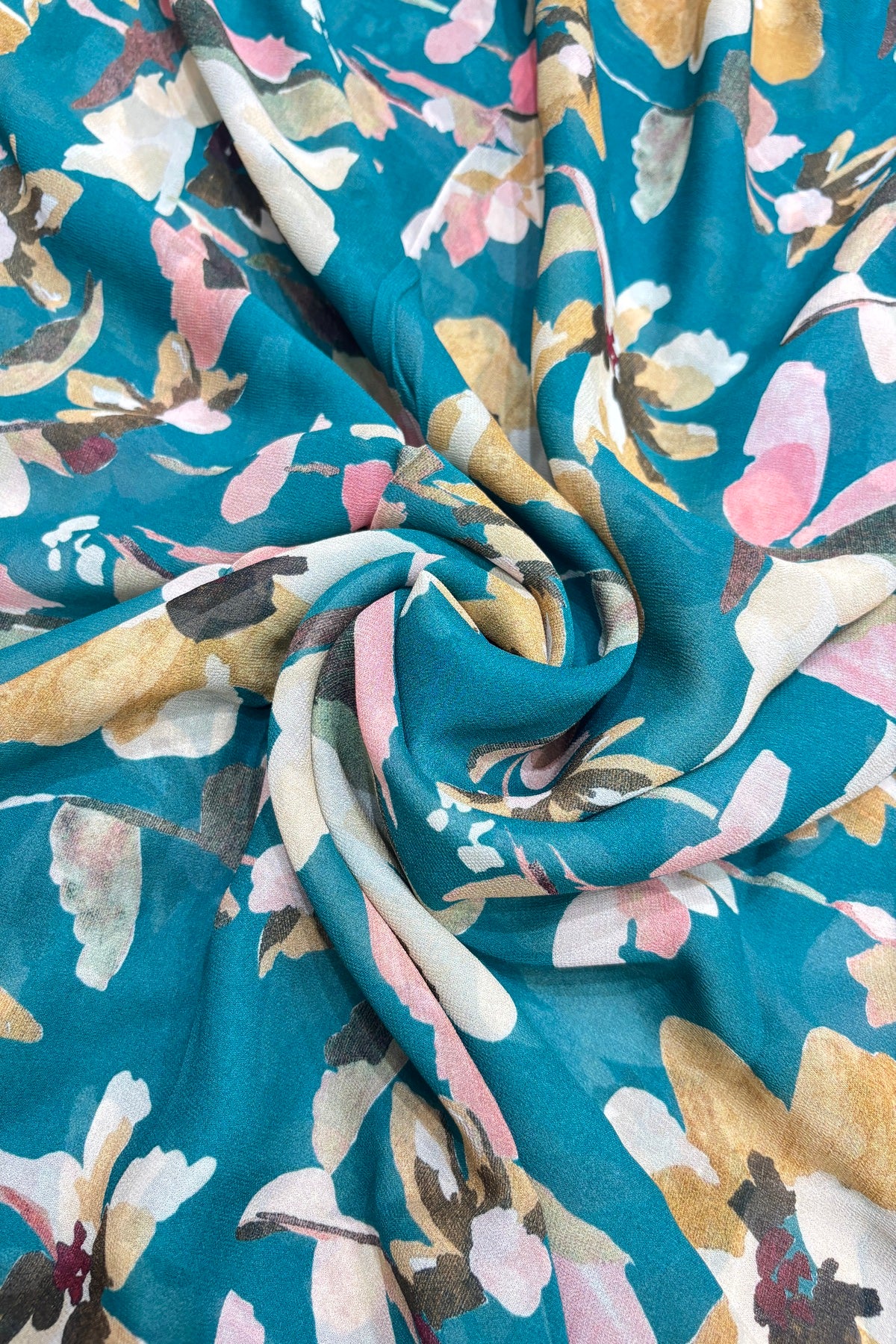 Abstract Mustard Deep Teal Green Floral Pure Viscose Georgette Fabric