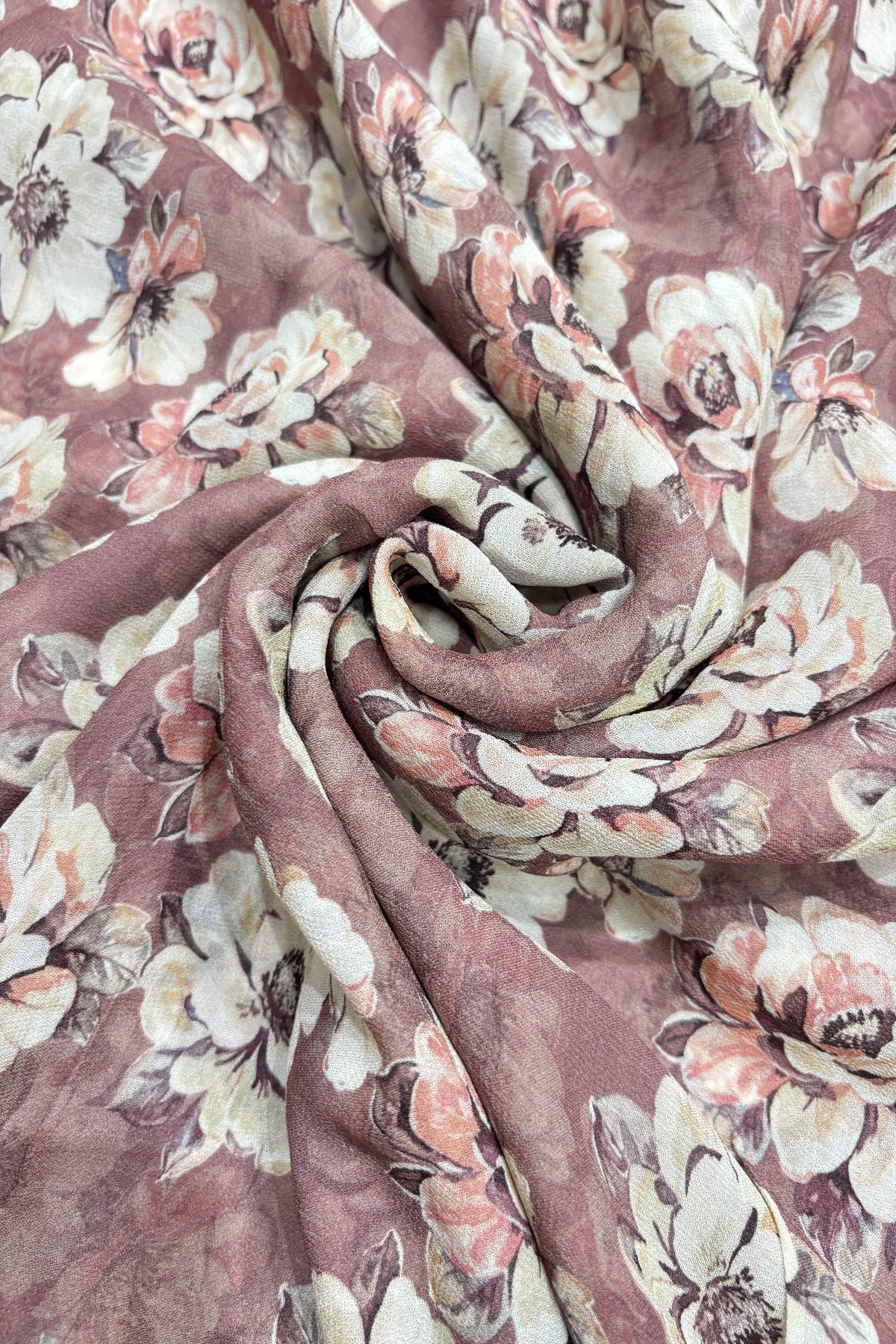 Vintage Peony's Floral Printed Rosy Brown Pure Viscose Georgette Fabric