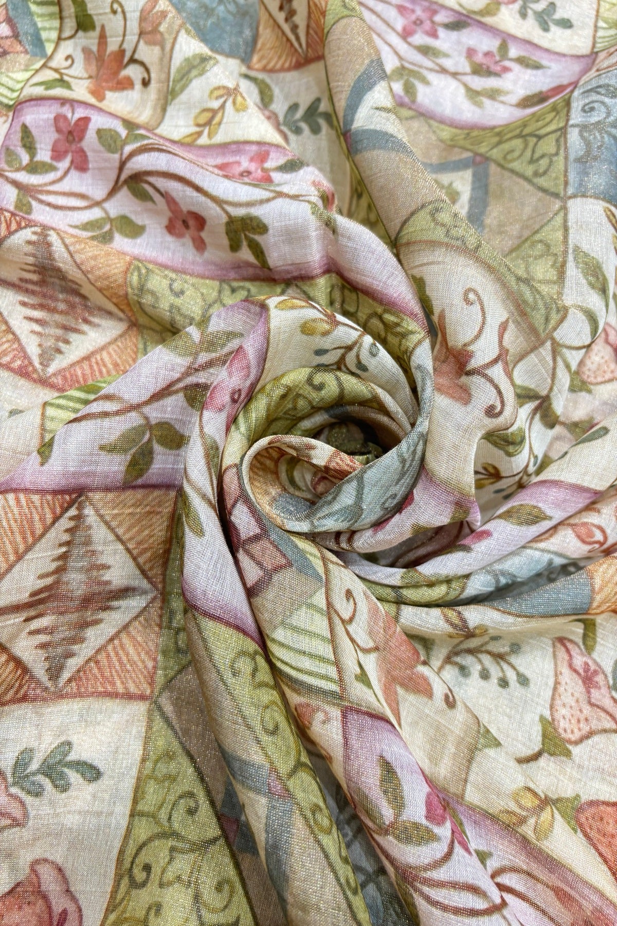 Traditional Floral & Geometric Motif Patterned Ivory Printed Pure Tissue Chanderi Fabric