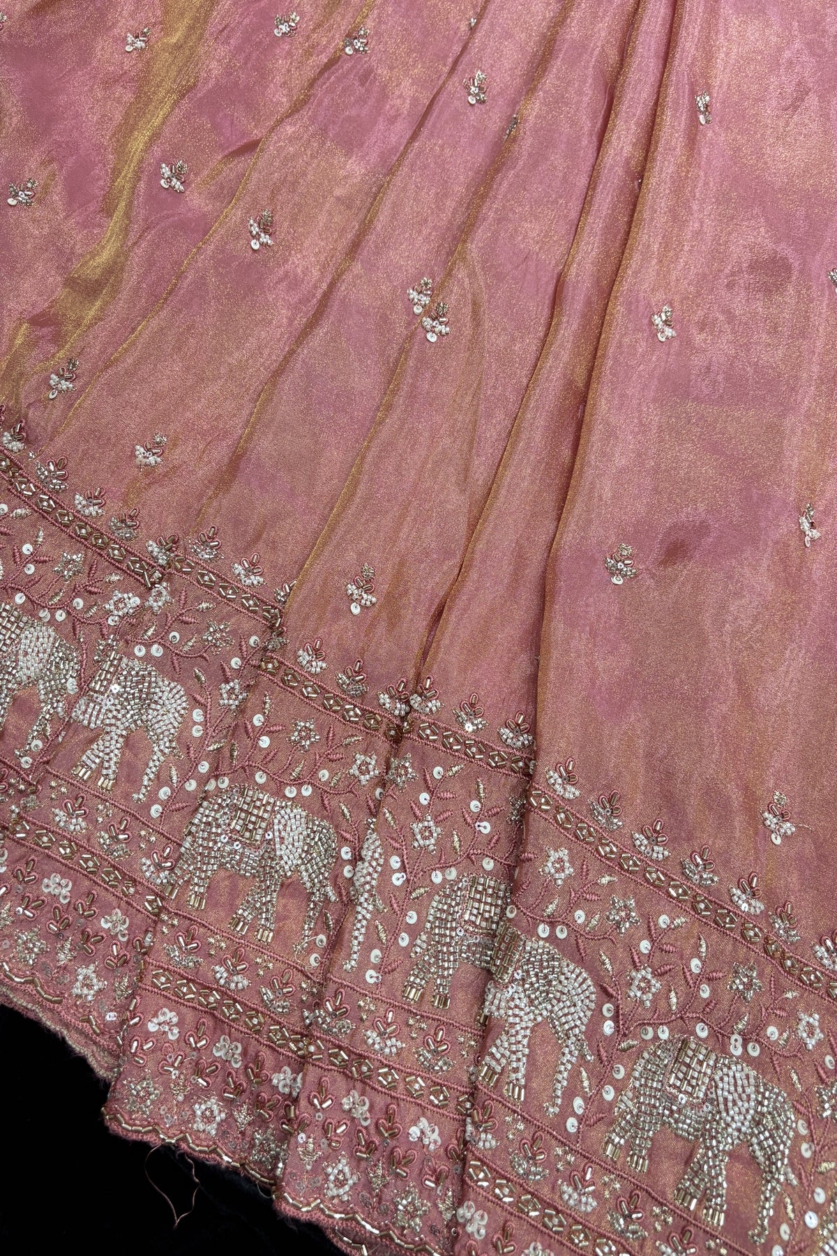 Elephant’s Embroidery With Cut Beads & Sequins Scallop Edged Uppada Tissue Fabric