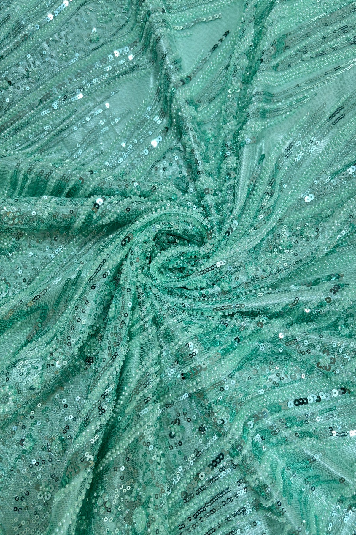 Tear Drop & Floral Scallops With Cut Beads & Sequins Embroidered Net Fabric