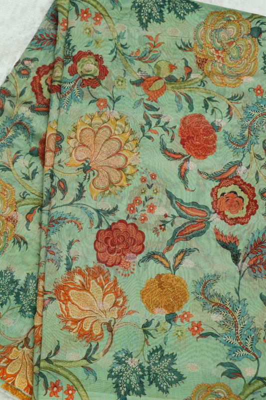 Pure Chanderi Cone Flower & Marigold Floral Printed Woven Fabric
