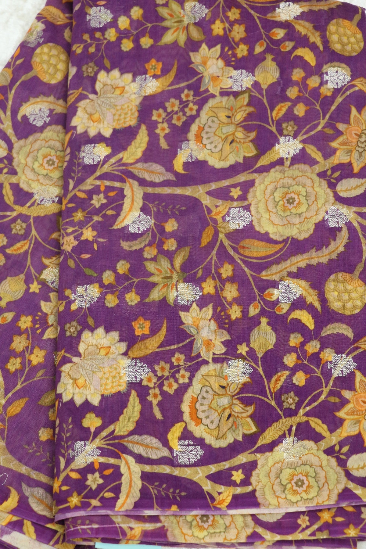 Pomagranate Purple Pure Chanderi Floral printed Woven Fabric
