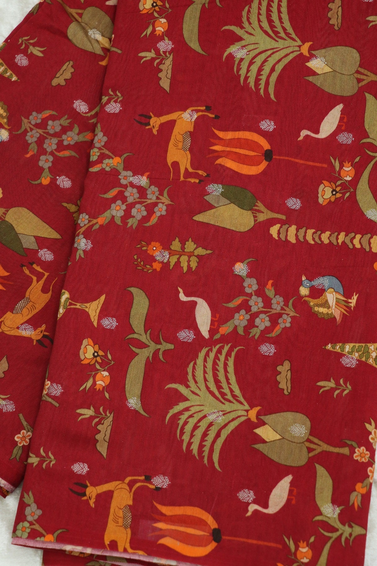 Jungle Themed Floral Printed Chanderi Woven Fabric